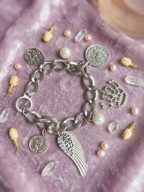 Silver Charm Bracelet with Pearl Accents - Wing & Crown Charms